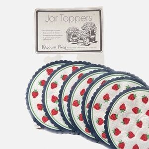 8 strawberry mason jar toppers with ties and labels. Cottage core.